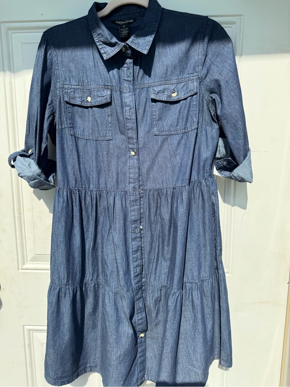 Women’s Denim Shirt Dress in Dark Blue - Button-Front Tiered Mini